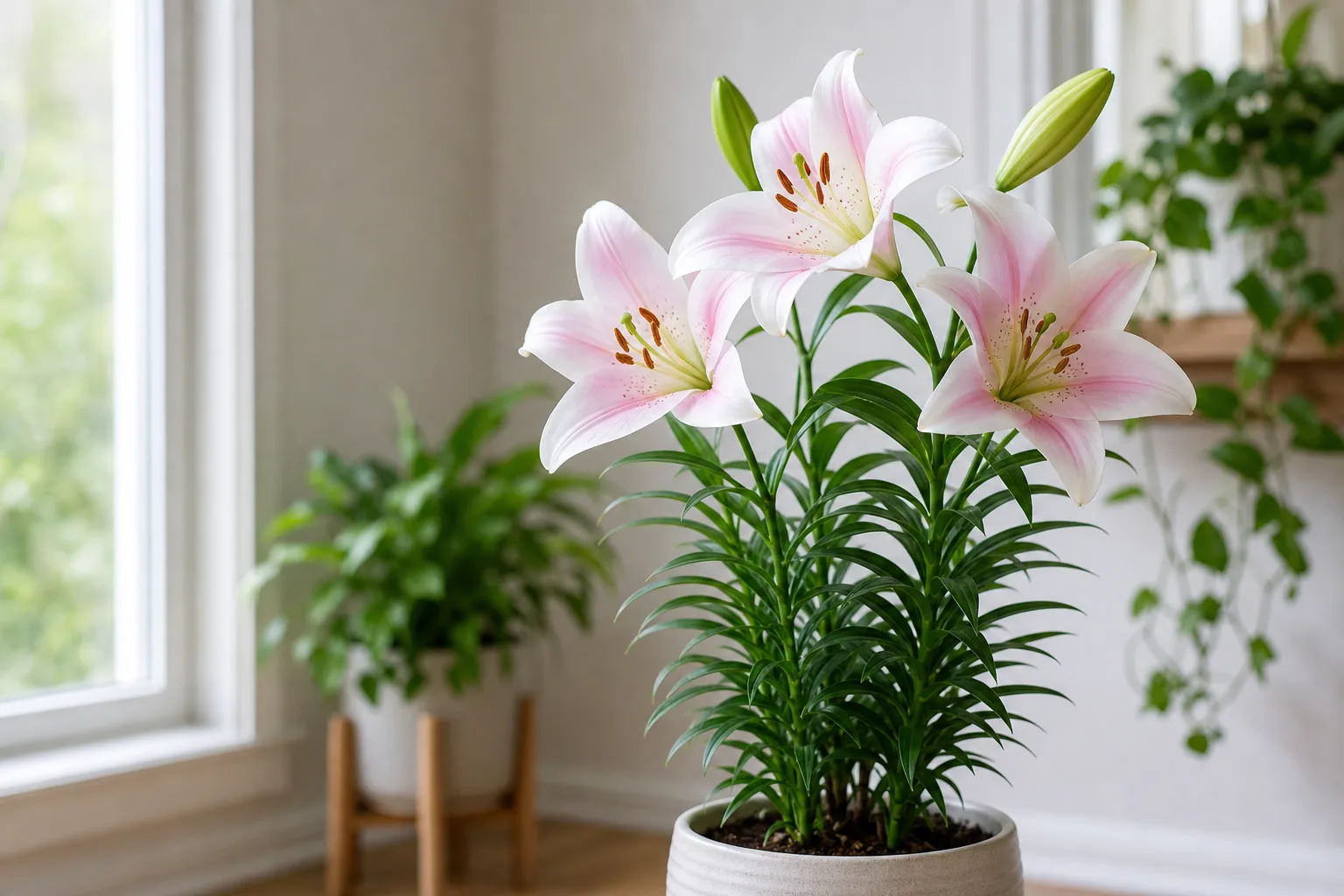 True lily plant with white blooms and lance-shaped leaves
