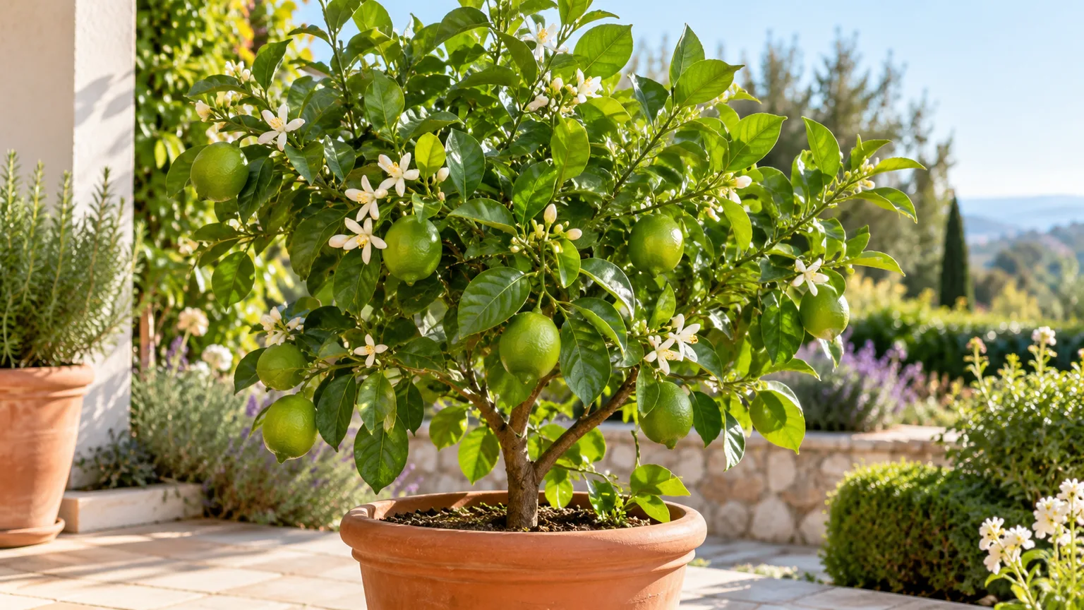 Healthy Persian lime tree with green fruit and white blossoms on a sunny patio