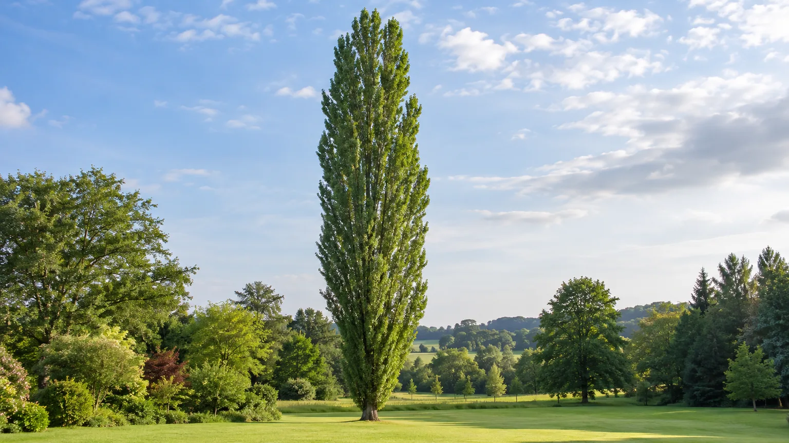 Mature Lombardy poplar with a tall, narrow columnar crown in an open landscape.
