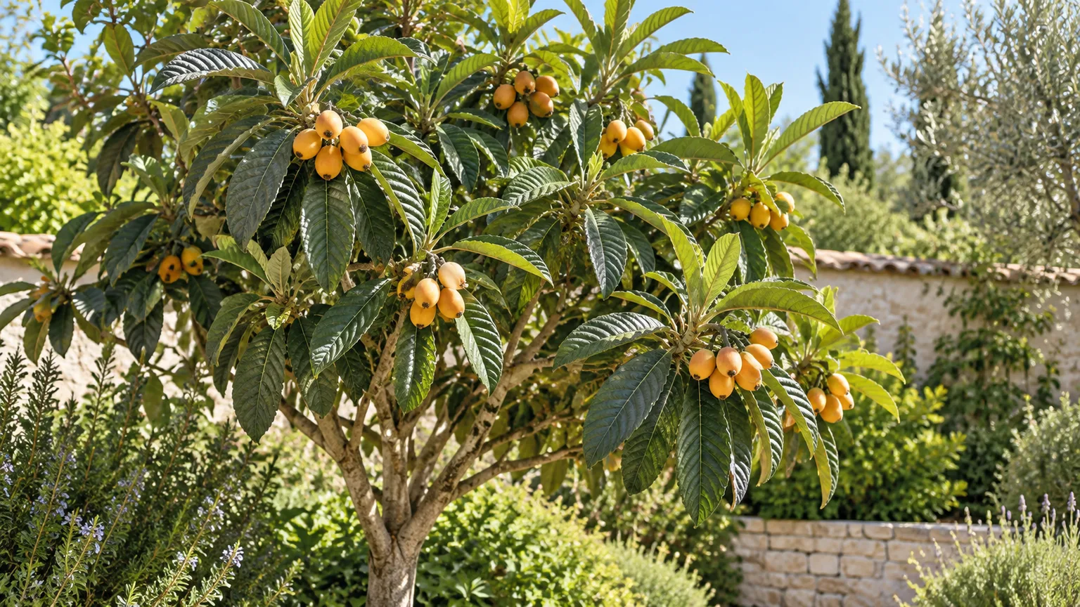 Healthy loquat tree with glossy evergreen leaves and golden fruit
