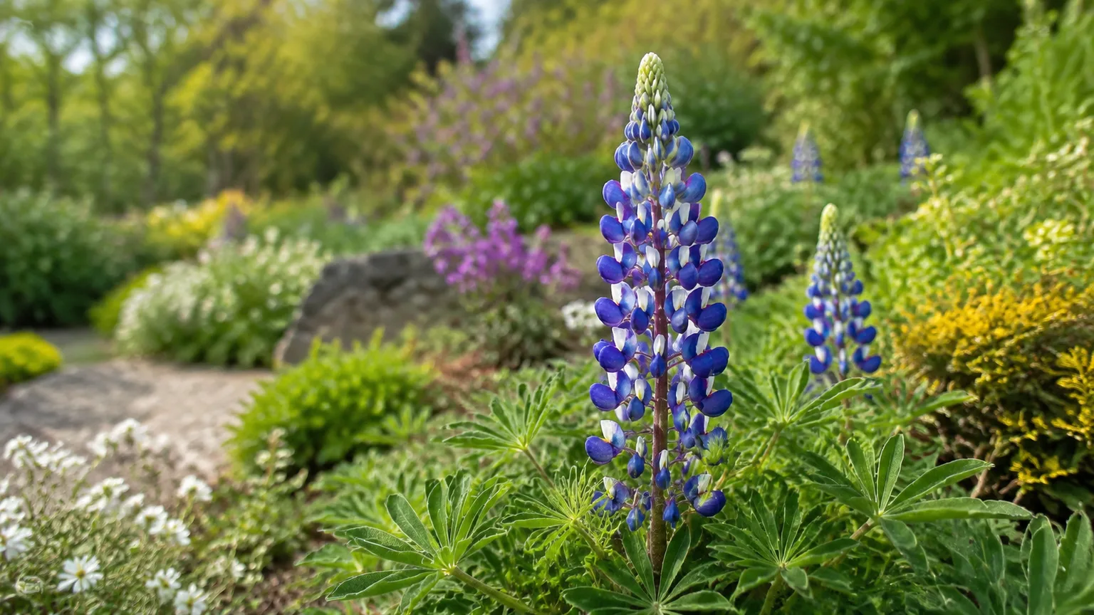 Healthy lupine (bluebonnet) with colorful flower spikes in a sunny garden border
