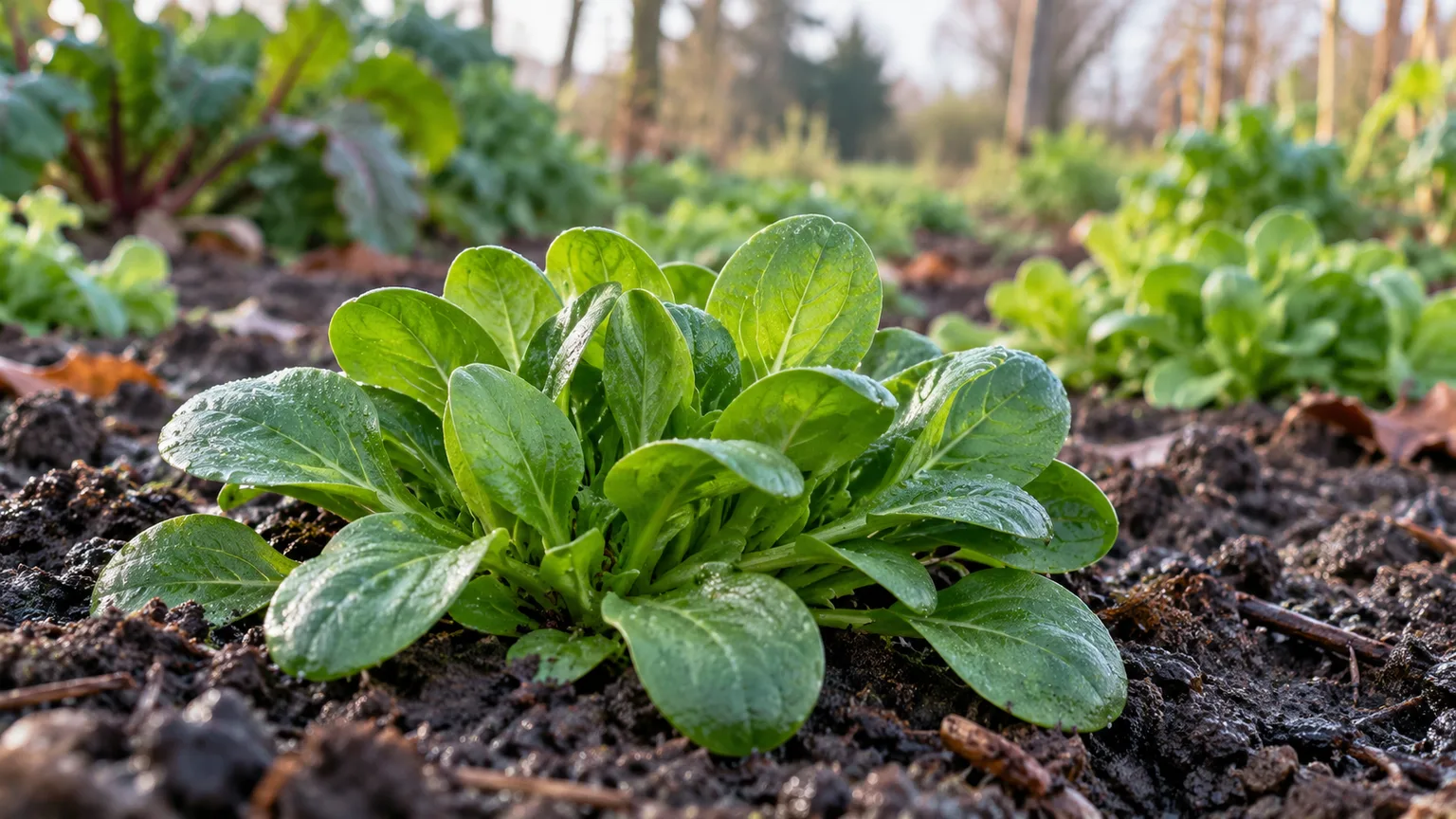 Healthy mâche rosette with spoon-shaped green leaves in a cool-season garden bed