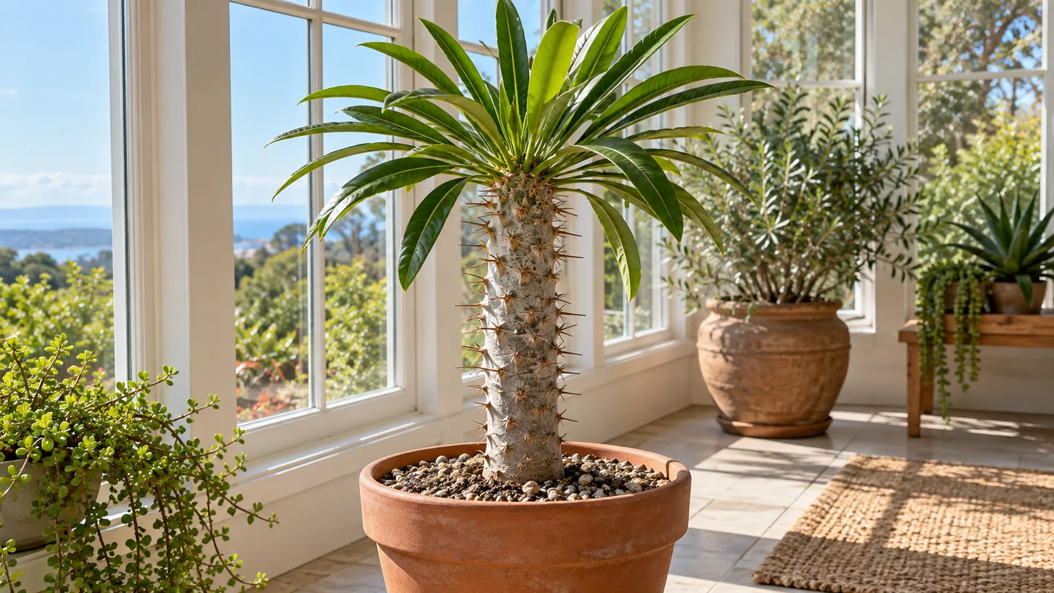 Healthy Madagascar palm with a spiny trunk and leafy crown in a terracotta pot beside a bright window