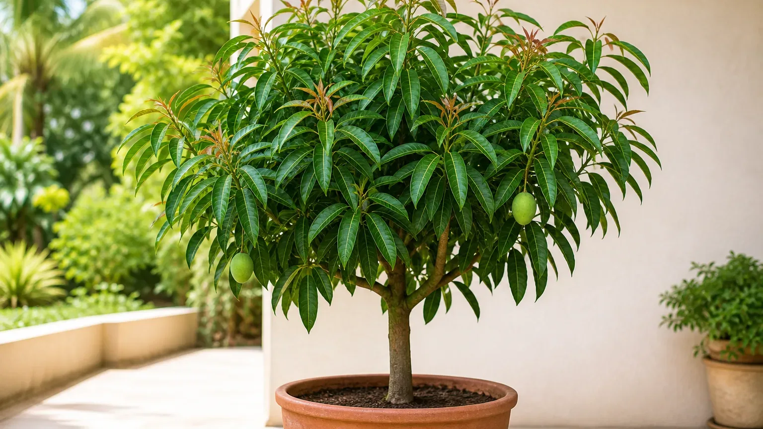 Healthy mango tree in a container with glossy leaves and developing fruit