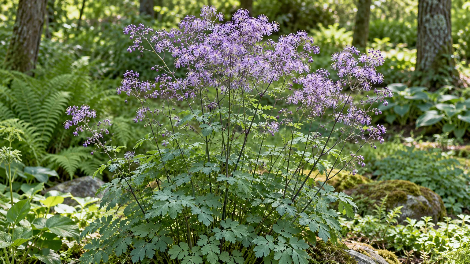 Chinese meadow rue with finely divided blue-green foliage and airy lilac flowers in a dappled woodland garden