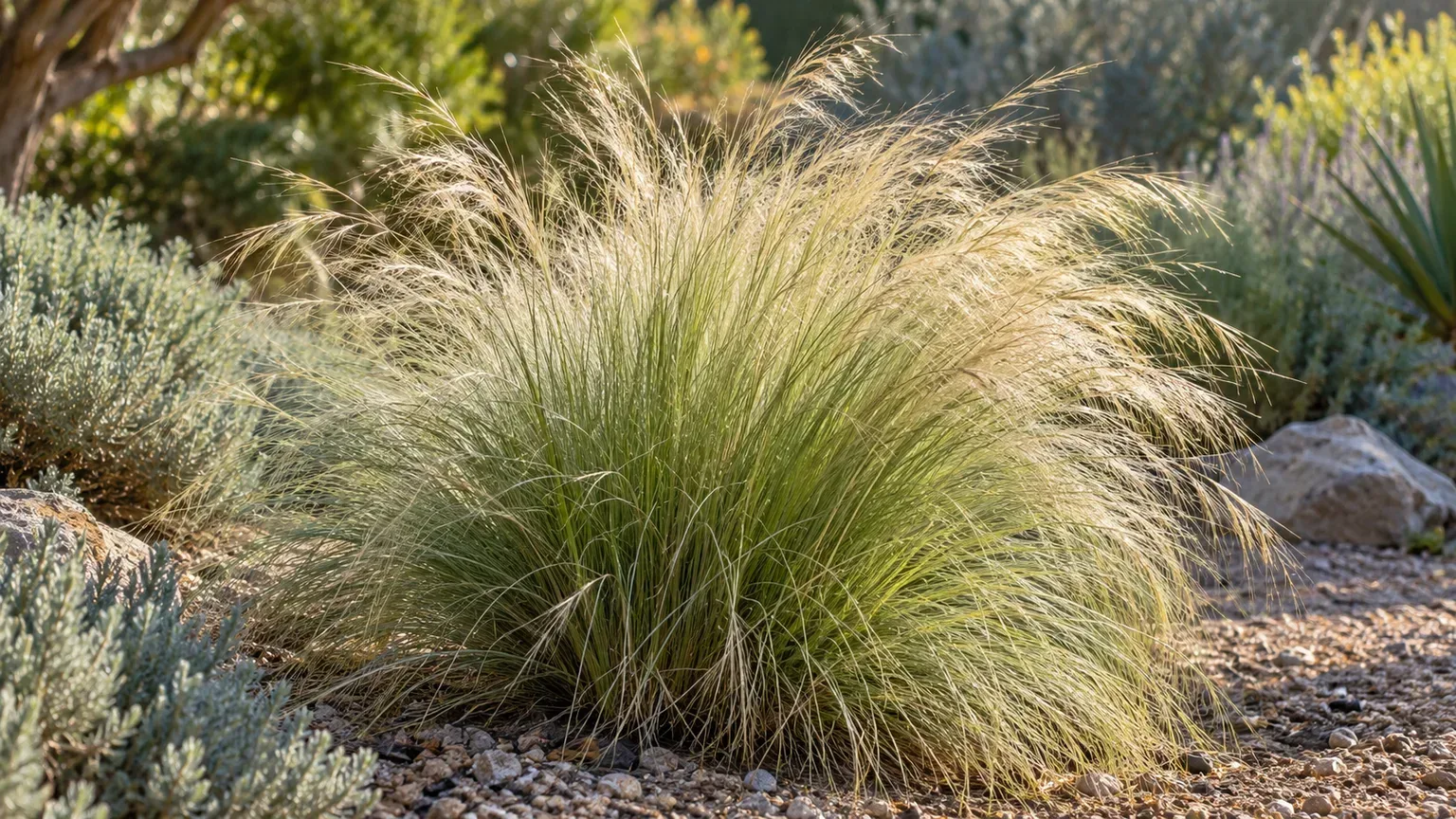 Healthy Mexican feather grass with fine silvery-green foliage and feathery panicles in a sunny gravel garden