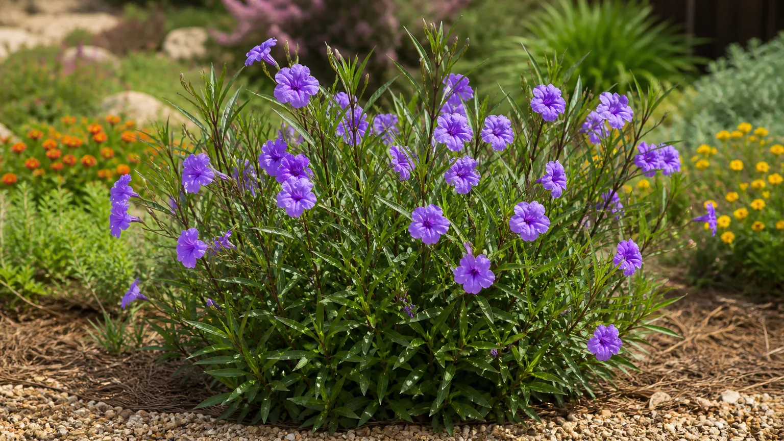 Mexican petunia with lavender funnel-shaped flowers in a sunny garden
