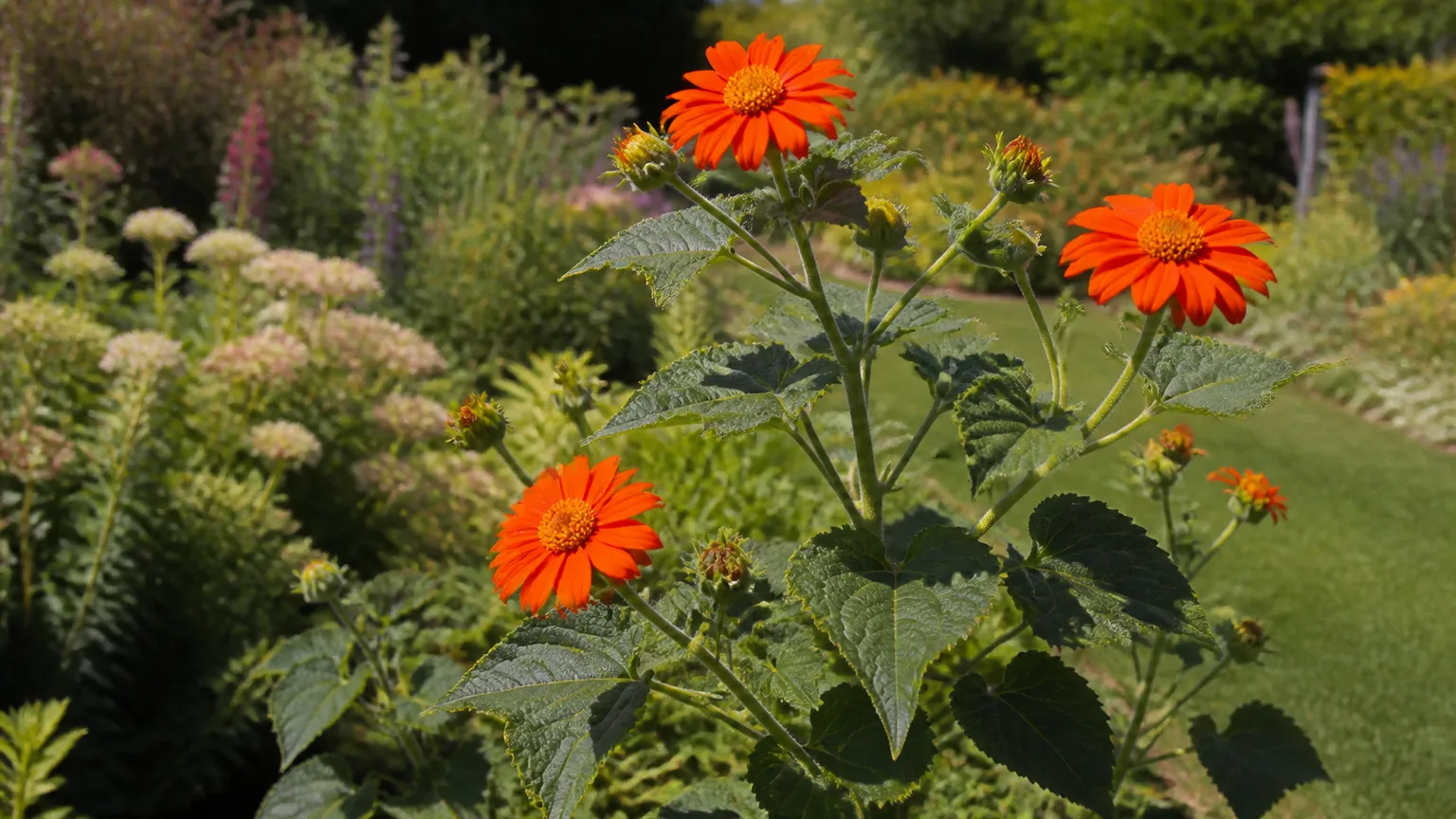 Healthy Mexican sunflower with orange-red flowers growing in a sunny garden border