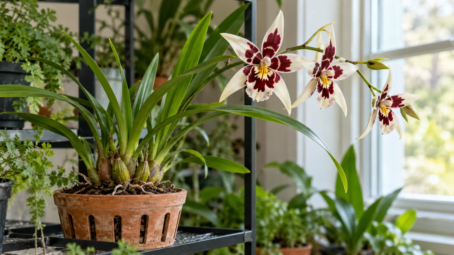A healthy Miltonia orchid with cream and burgundy star-shaped flowers in a shallow pot by filtered window light