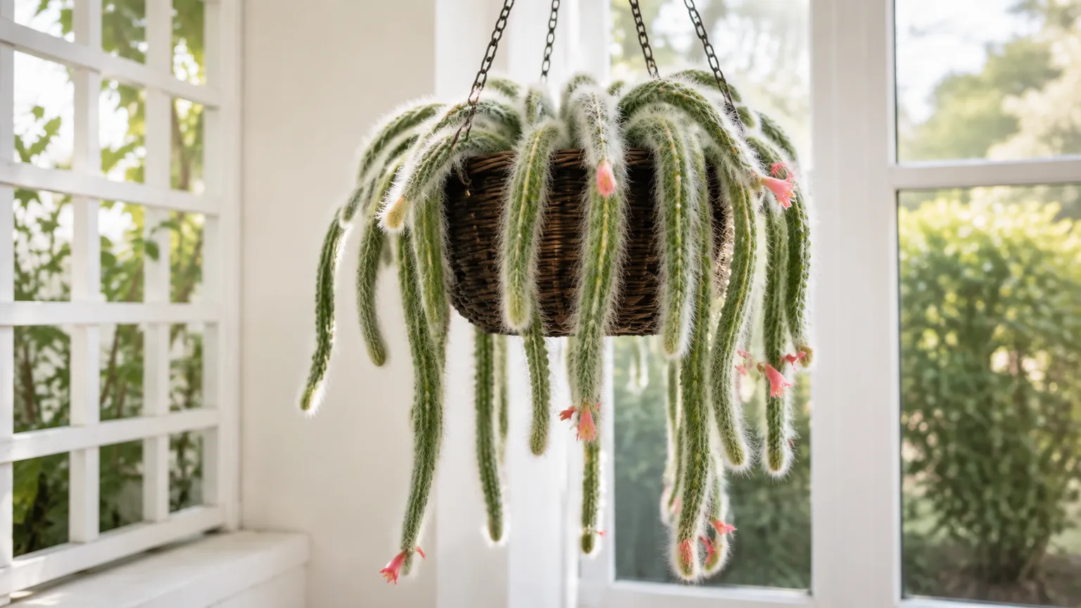 Healthy Monkey Tail Cactus with long white-haired trailing stems in a hanging basket