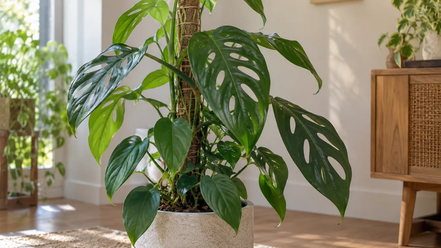 Monstera acacoyaguensis climbing on a support with mature oval leaf perforations