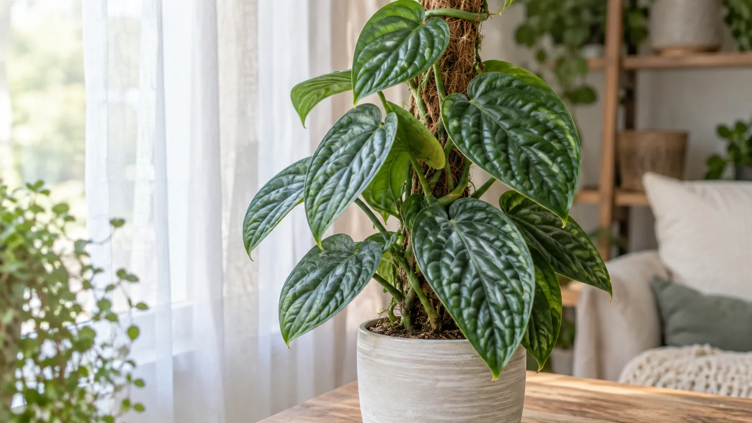 Healthy Monstera Peru with thick puckered leaves climbing a moss pole
