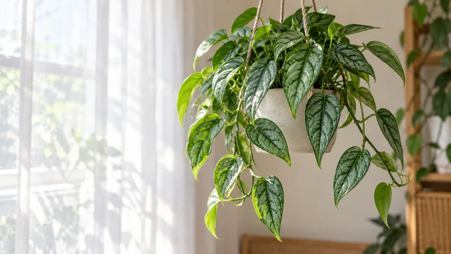 Healthy Monstera siltepecana with silver juvenile leaves trailing in bright filtered light