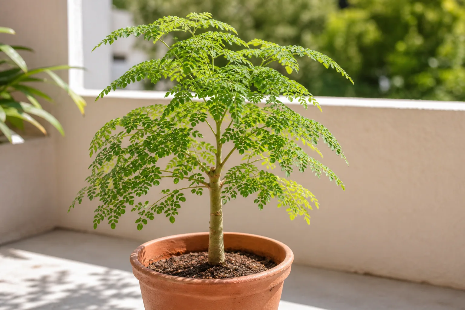 Healthy Moringa tree with a feathery canopy in a sunny terracotta pot