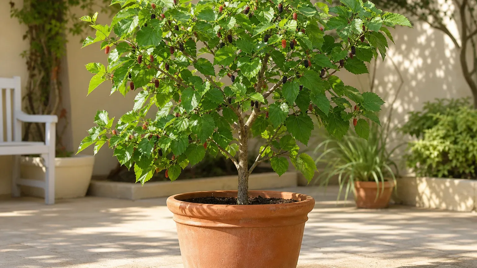 A mulberry tree carrying fruit in a sunny landscape
