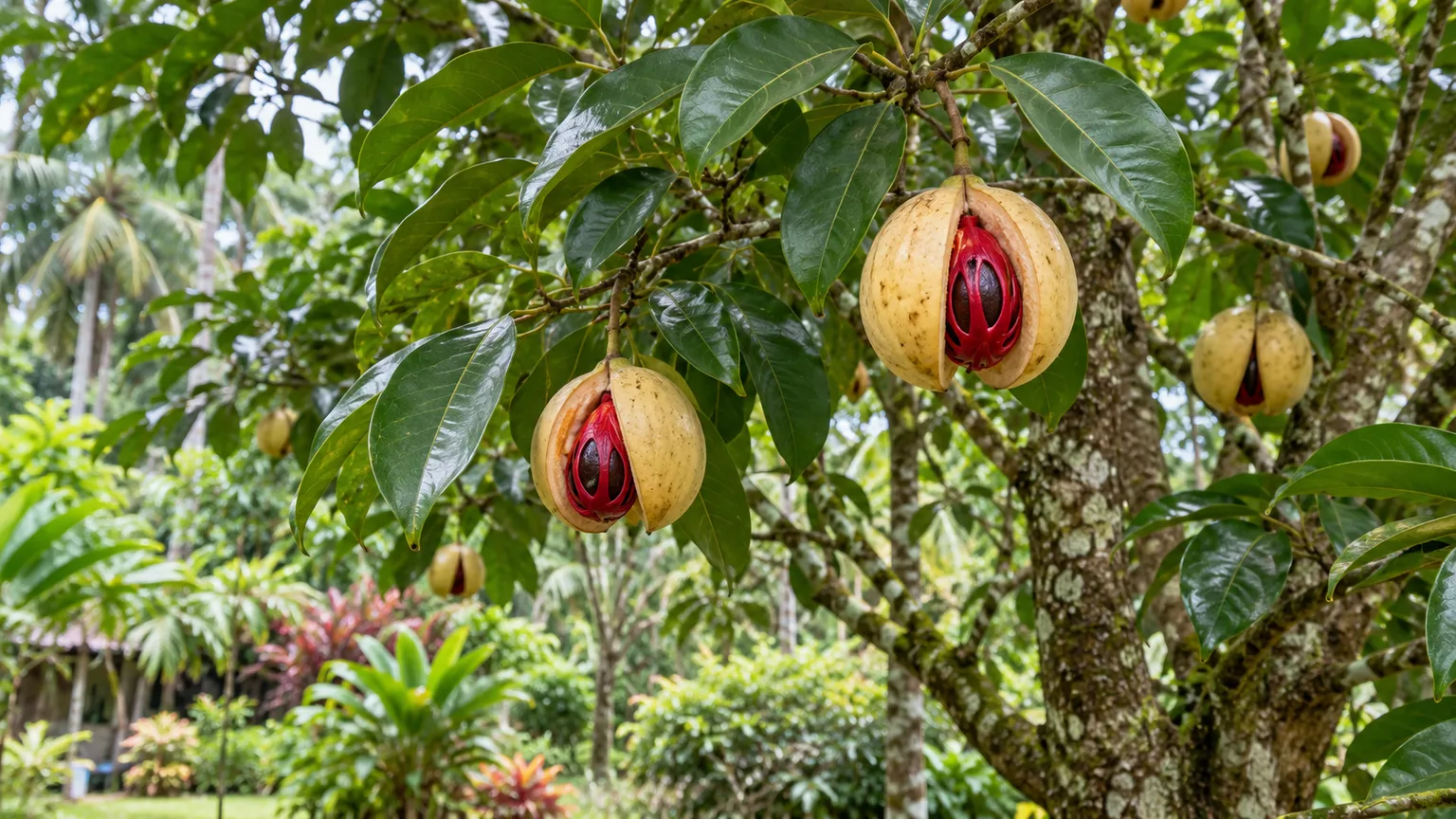 Healthy nutmeg tree with glossy leaves and split ripe fruit in a tropical garden