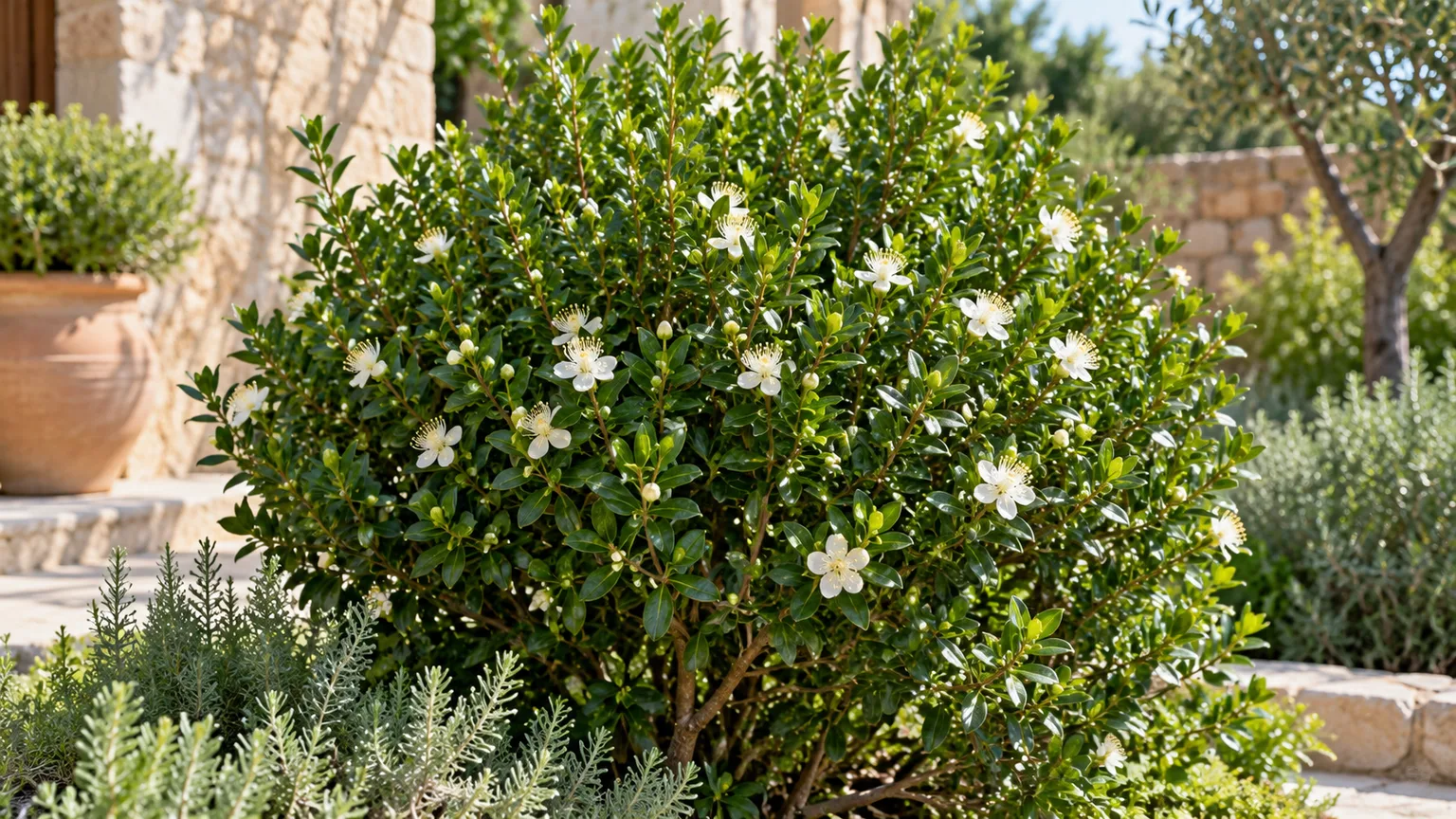 Common myrtle with glossy foliage and white flowers growing in a sheltered garden courtyard