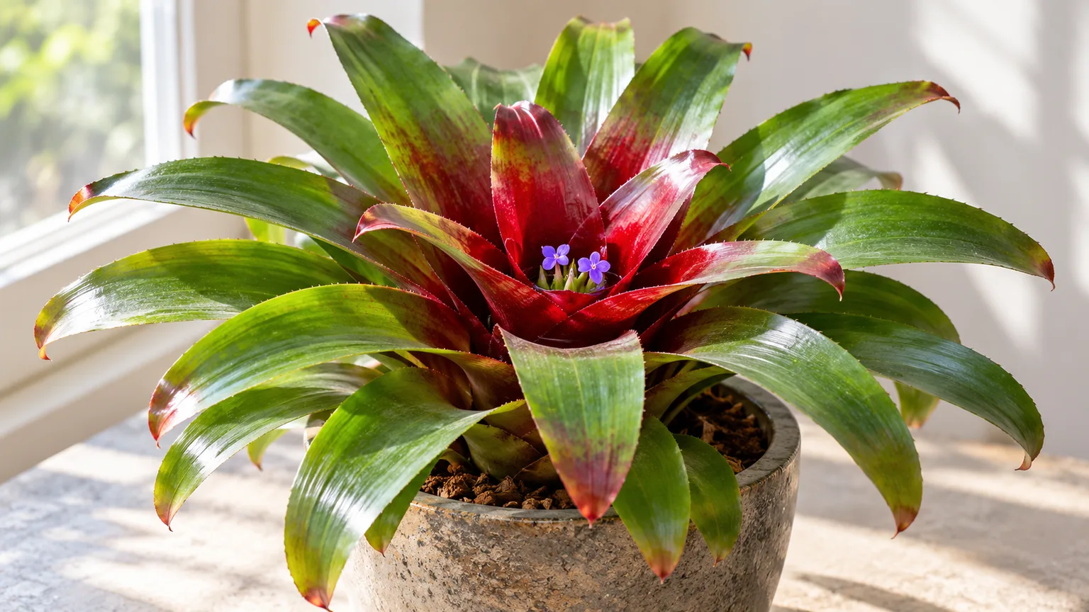 Healthy Neoregelia bromeliad with a red inner rosette and small violet flowers