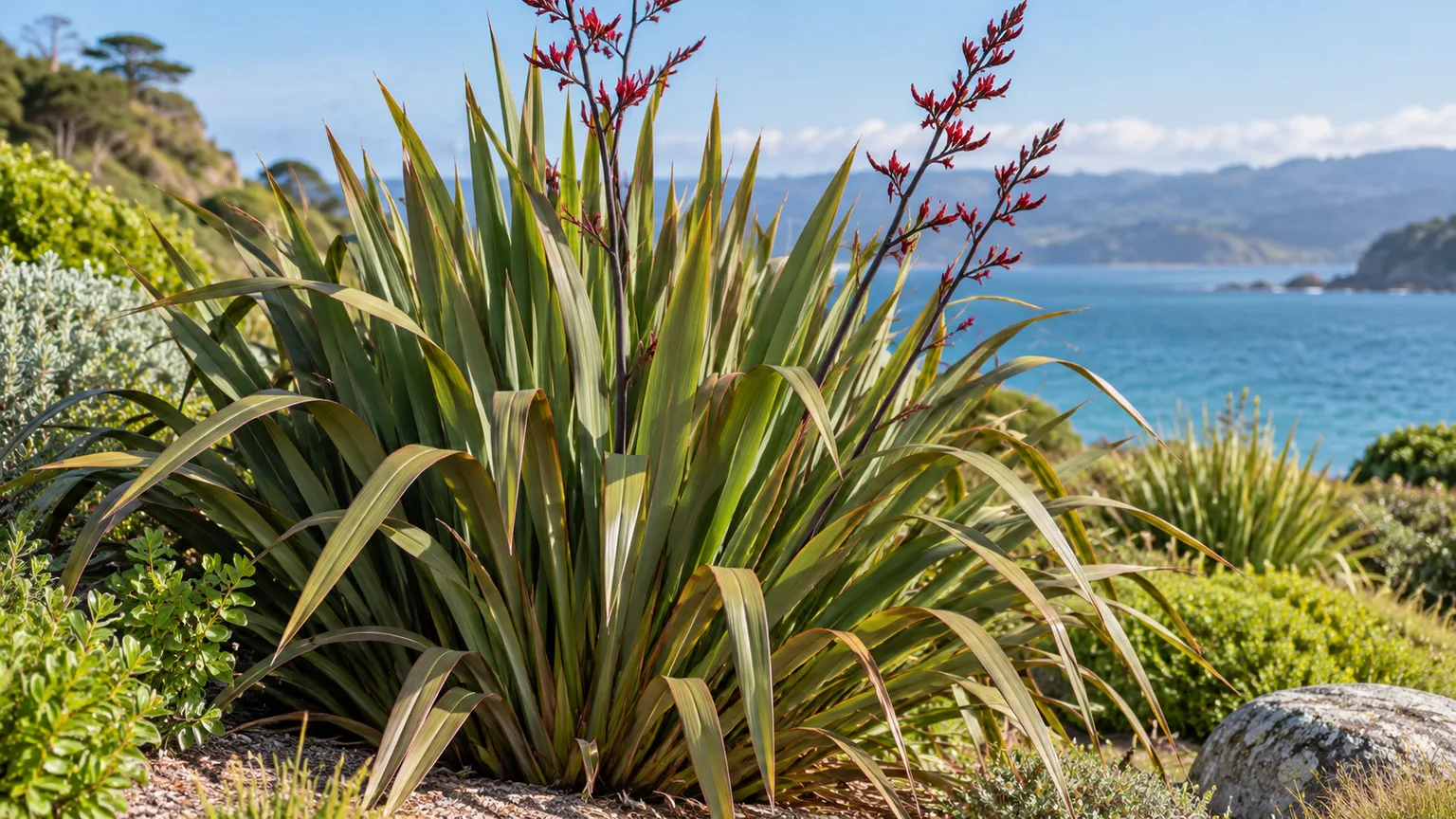 Healthy New Zealand flax with sword-shaped leaves in a coastal garden