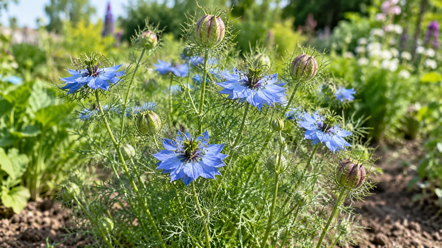 Blue Nigella damascena flowers and striped seed capsules among fernlike foliage