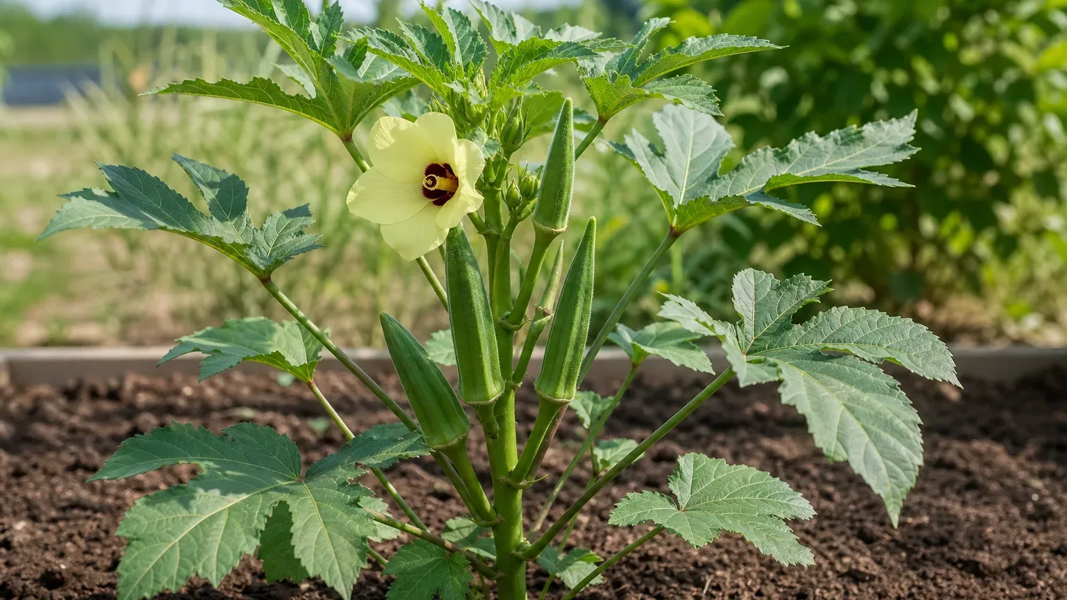 Okra pods and a flower growing in a sunny garden bed