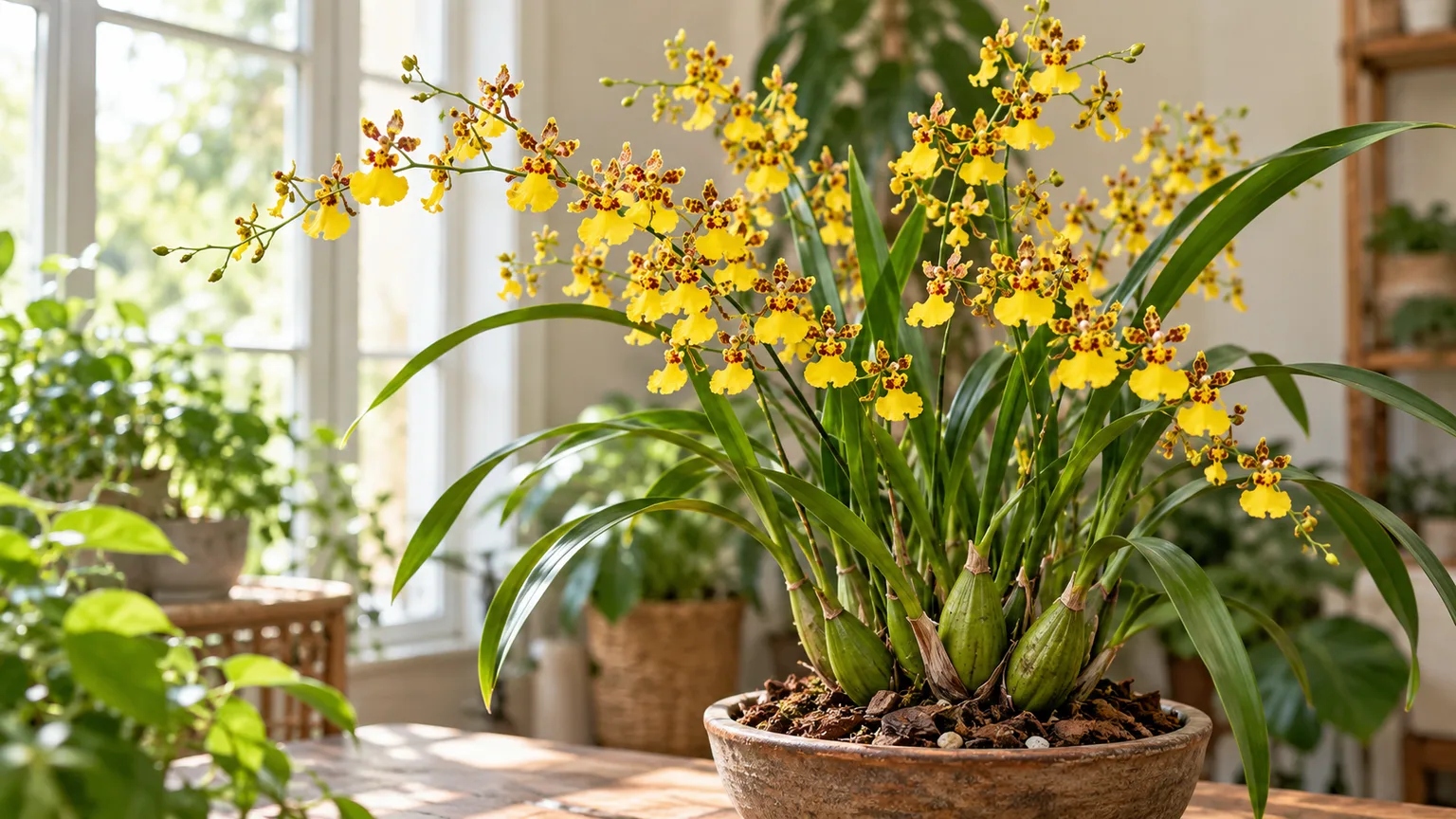 Healthy Oncidium orchid with branching sprays of yellow, brown-spotted dancing-lady flowers
