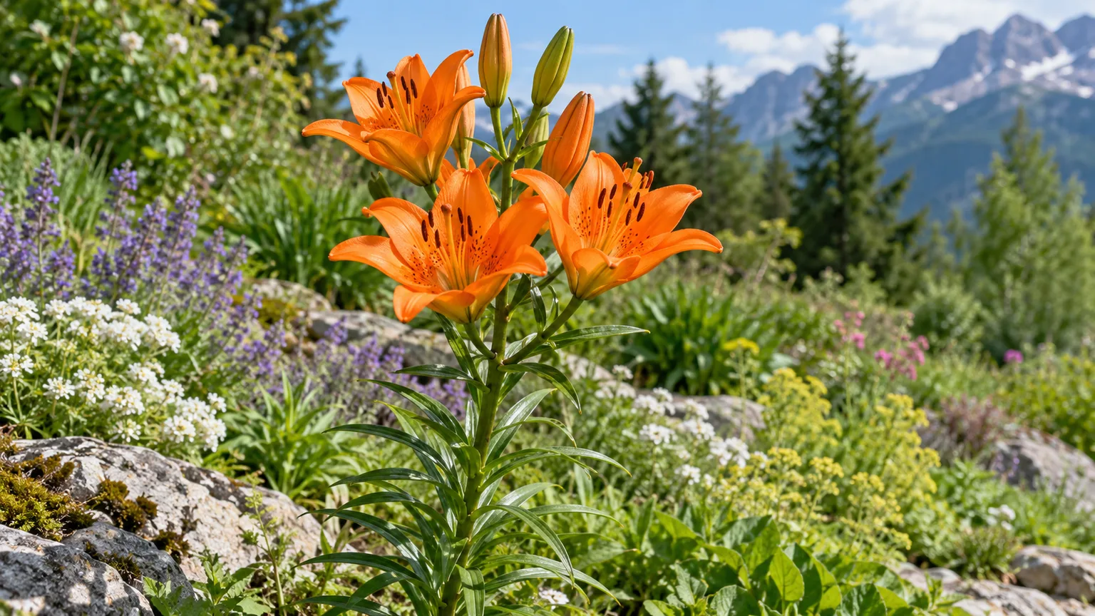 Healthy orange lily (Lilium bulbiferum) with upright orange flowers in a sunny garden