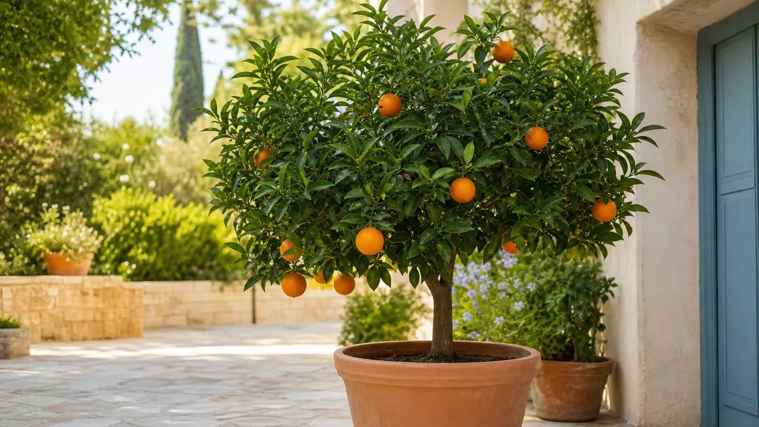 Compact potted orange tree with ripe fruit growing in a sunny courtyard