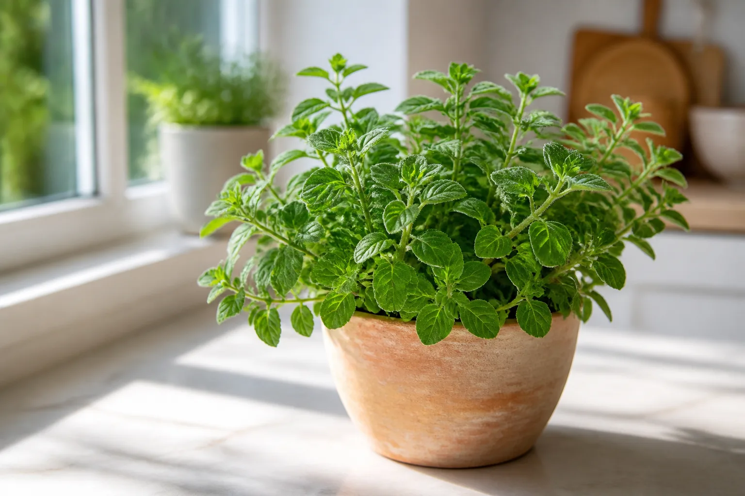 Healthy Greek oregano with broad green aromatic leaves in full sun on a patio herb pot