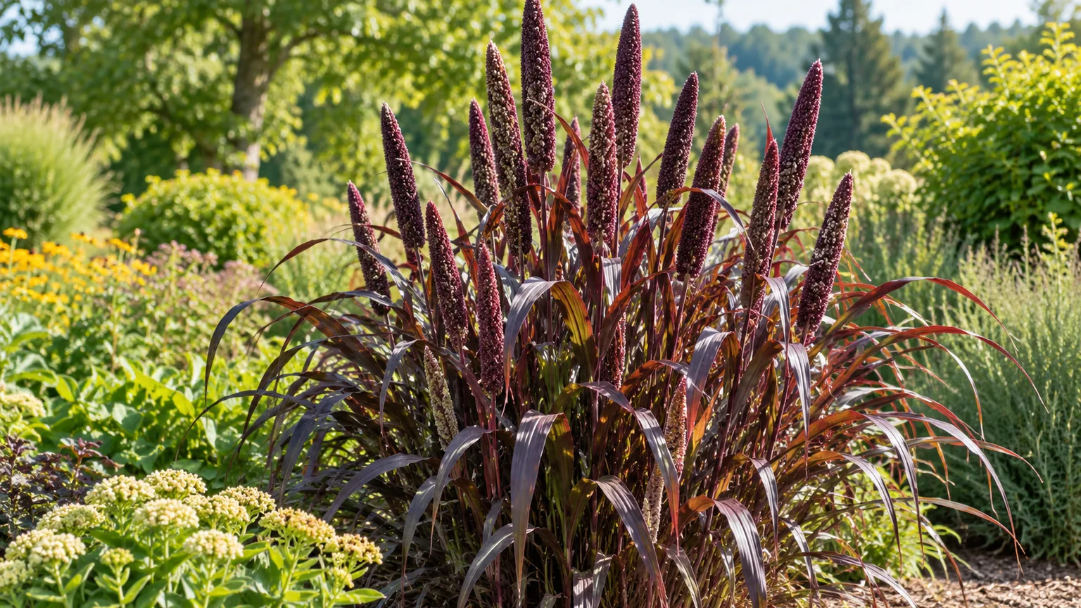 Healthy ornamental pearl millet with burgundy foliage and upright seedheads in a sunny garden