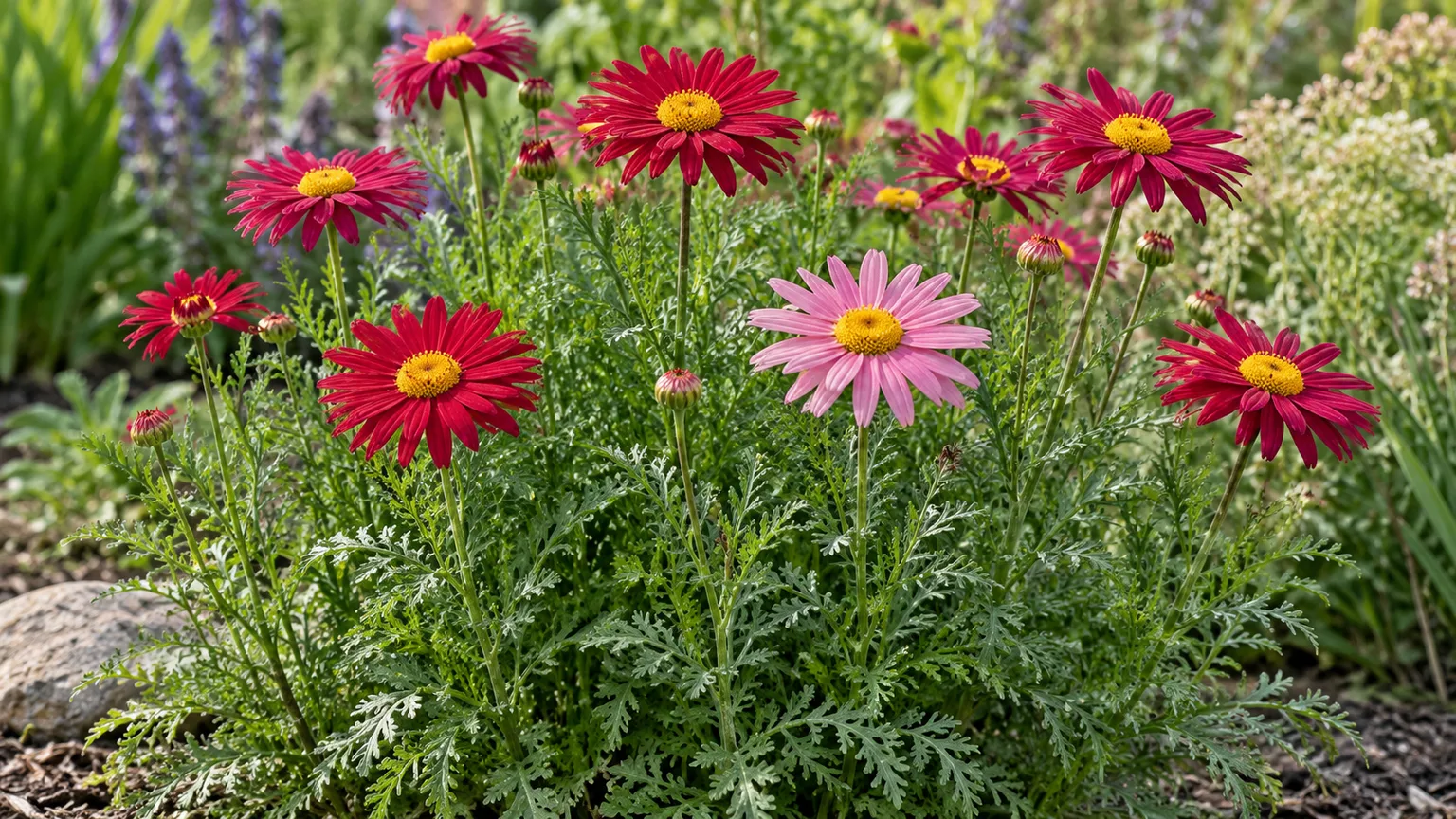 Painted daisy with finely cut foliage and magenta, crimson, and pink yellow-centered blooms