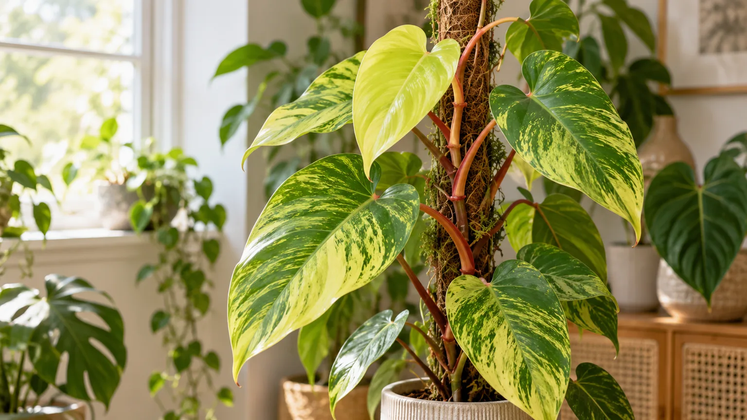Painted Lady philodendron with golden-chartreuse leaves and pink petioles climbing indoors