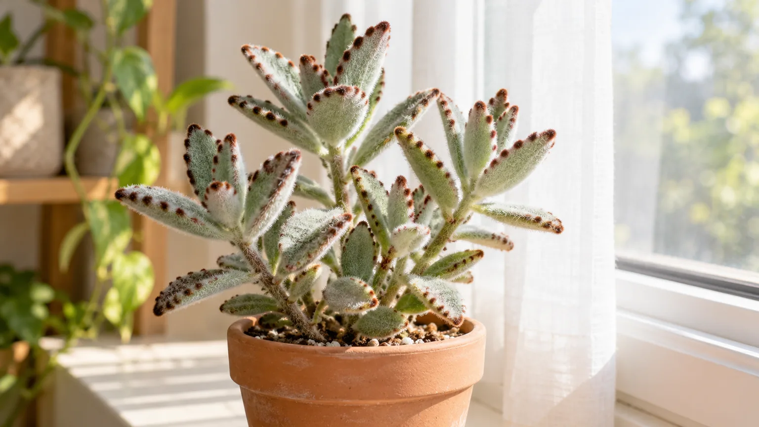 Healthy chocolate soldier plant with fuzzy gray-green leaves and brown edges in a terracotta pot