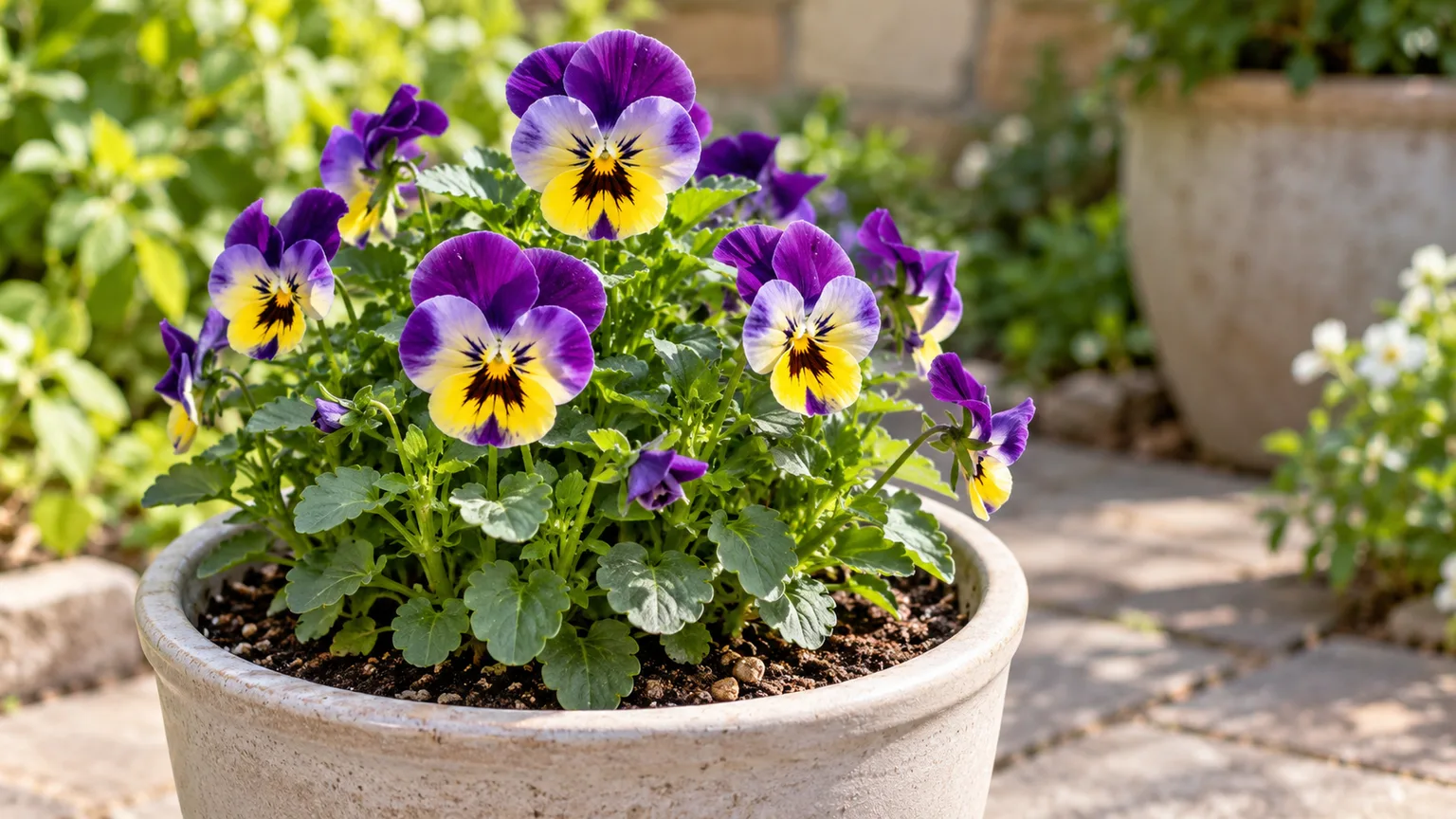 Purple and yellow pansies flowering in a patio container
