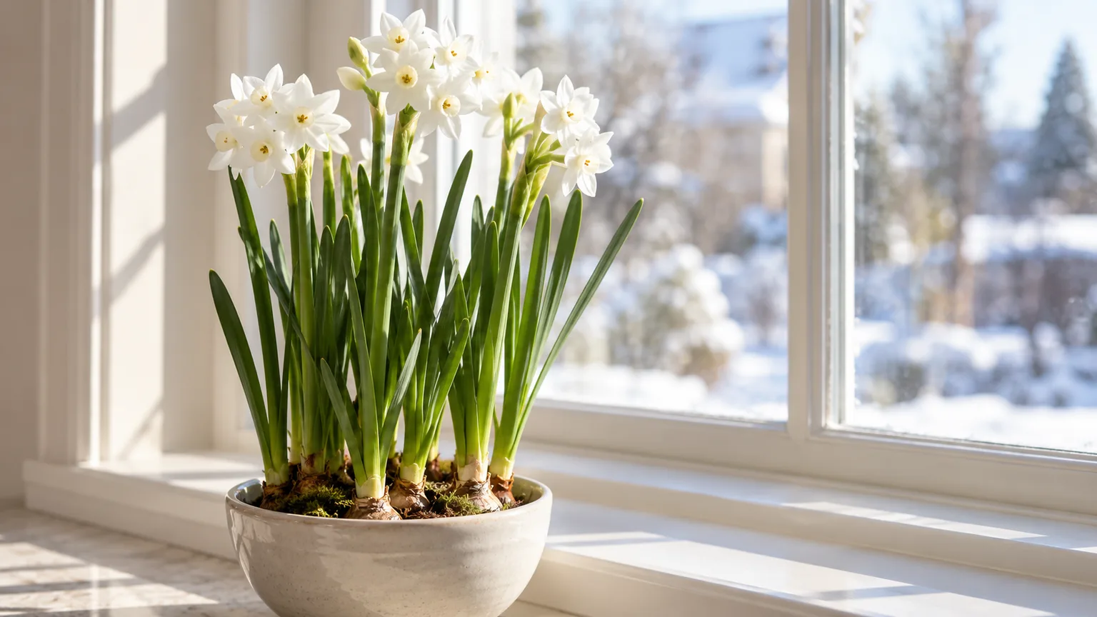Healthy paperwhite narcissus flowering indoors beside a bright winter window