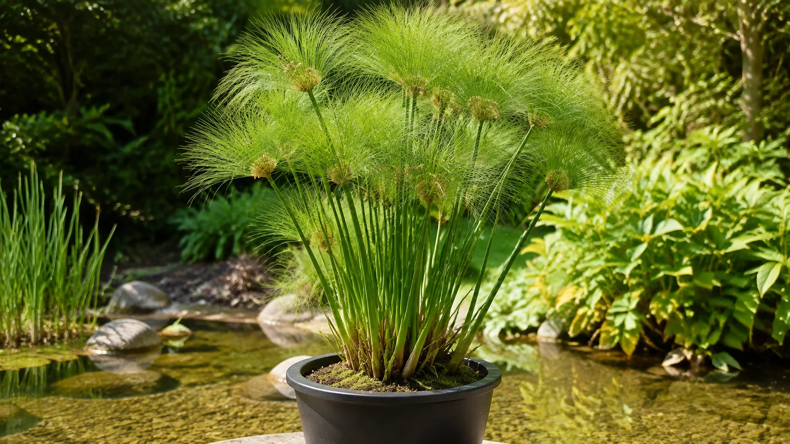 Healthy papyrus plant with airy umbrella-like heads in a sunny pond-margin garden