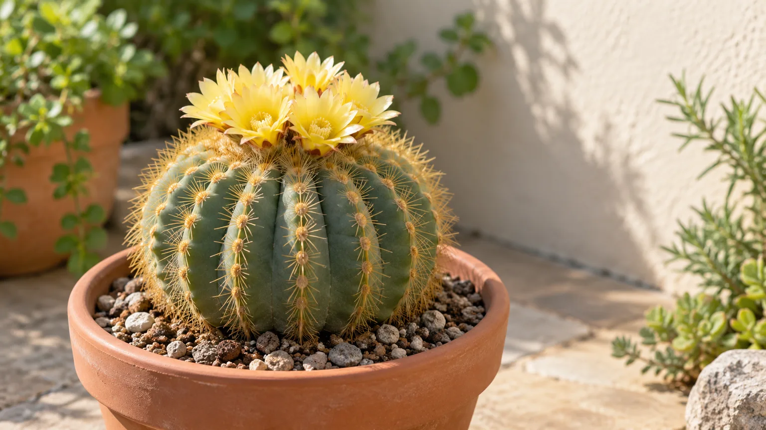 Healthy blue-green ball cactus with golden spines and yellow flowers in a terracotta pot