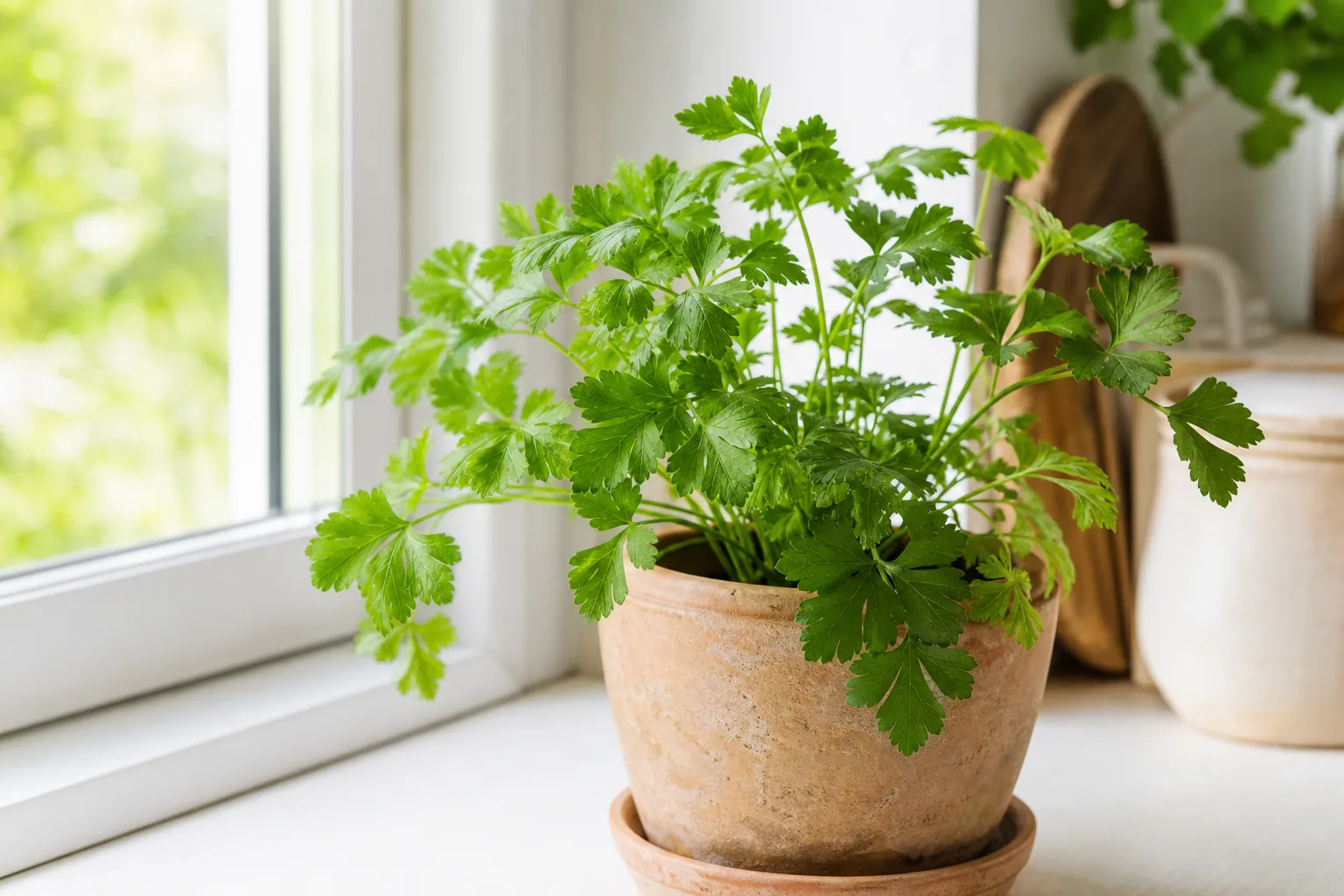 Healthy flat-leaf parsley growing in a bright kitchen herb pot