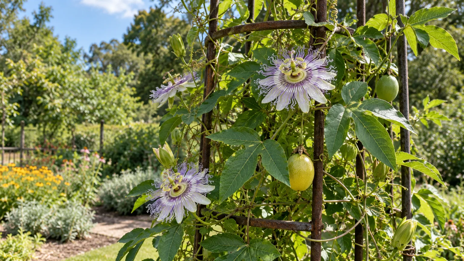Maypop vine with lavender passionflower blooms and yellow fruit climbing a trellis