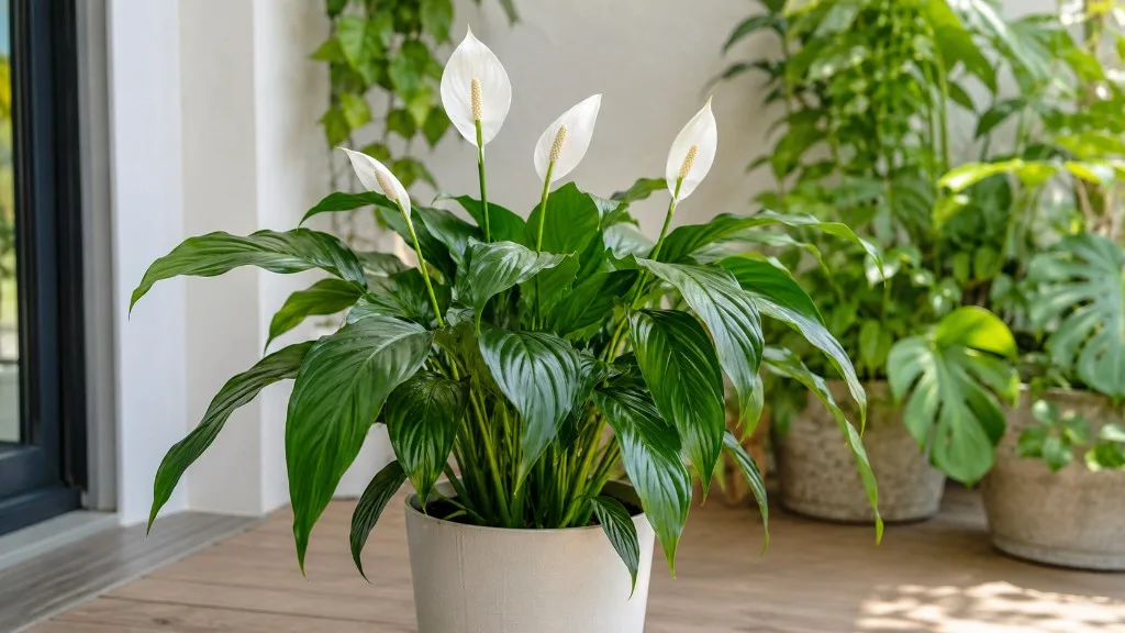 Healthy peace lily with white spathe in bright indirect light
