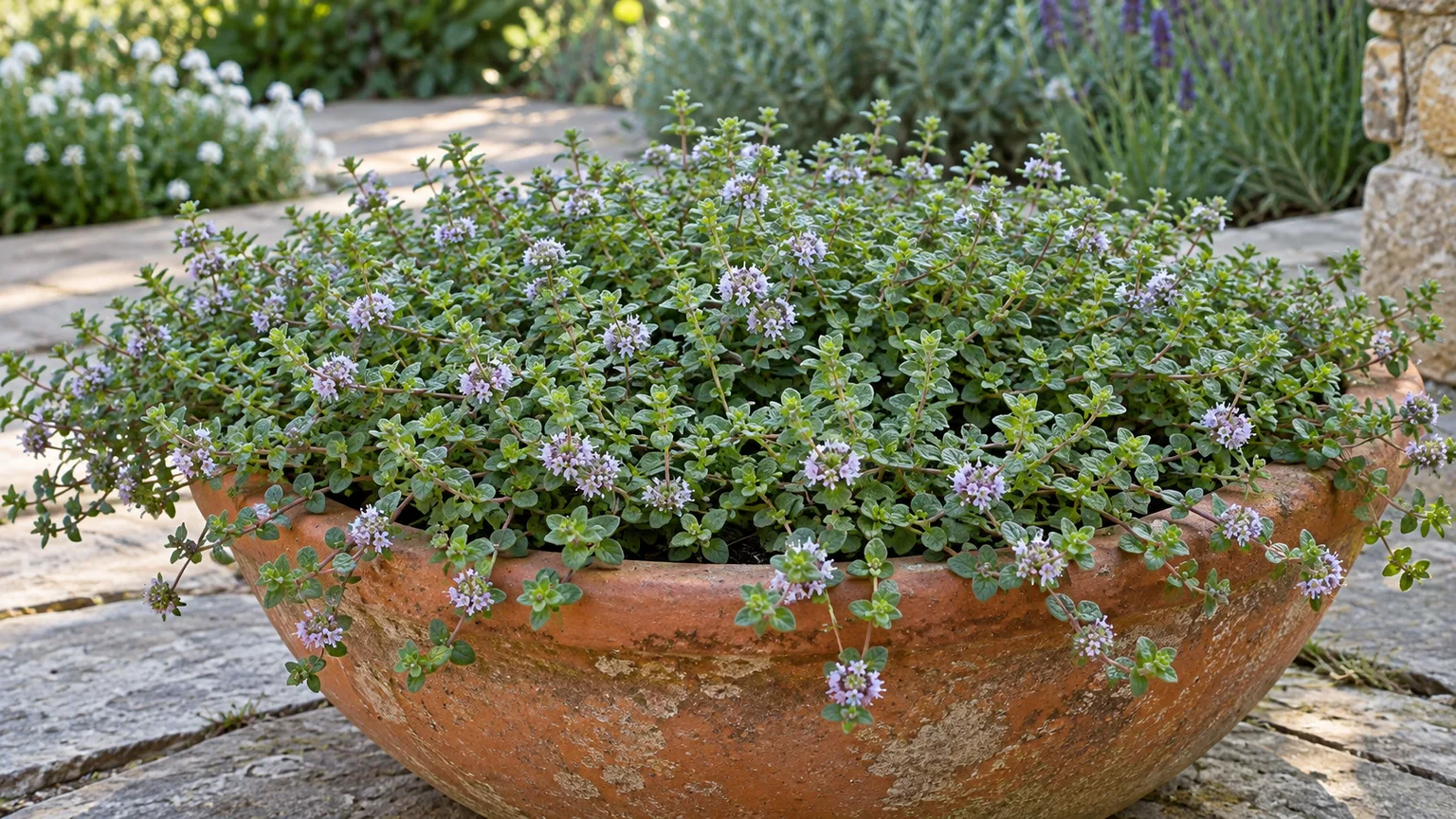 Low-growing European pennyroyal with tiny green leaves and lilac blooms in a garden container.
