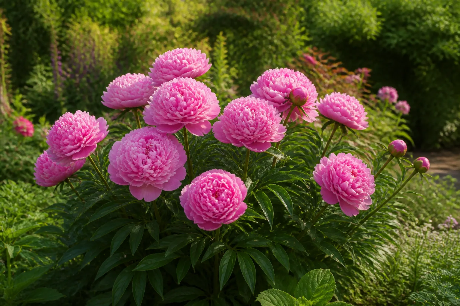 Healthy pink peonies blooming in a sunny flower bed