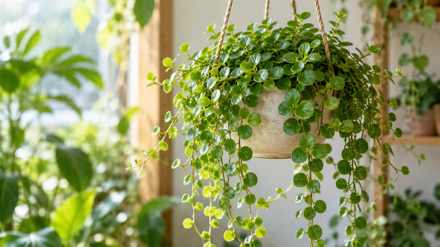 Peperomia rotundifolia with small round leaves trailing over the edge of a pot