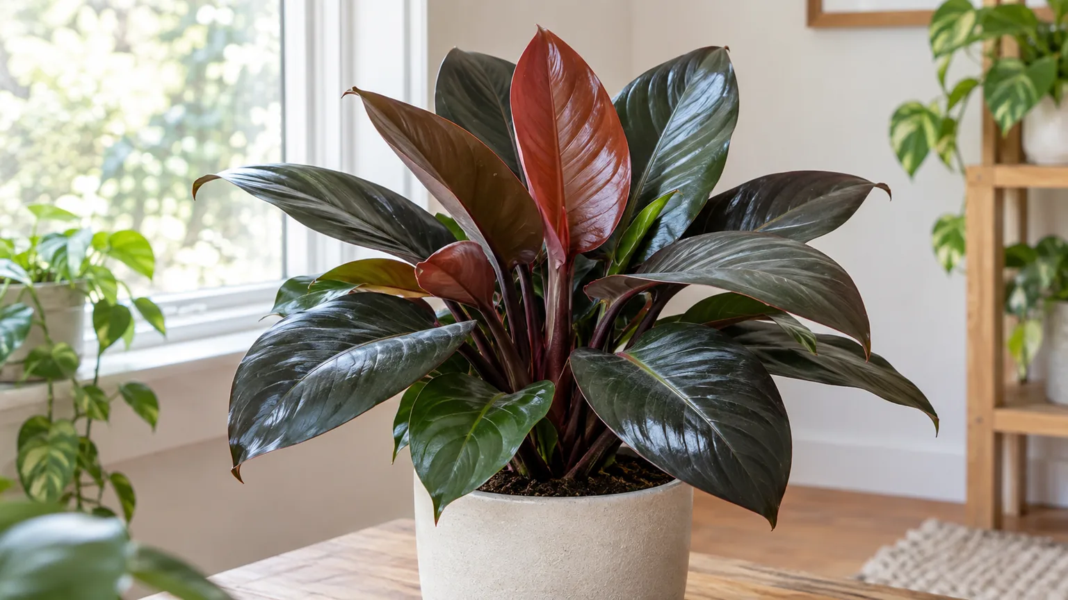 Healthy Philodendron 'Black Cardinal' with burgundy new leaves and dark glossy mature foliage