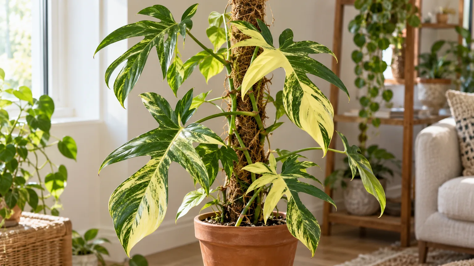 Healthy climbing Philodendron Florida Beauty with deeply lobed, cream-and-green variegated leaves on a moss pole.
