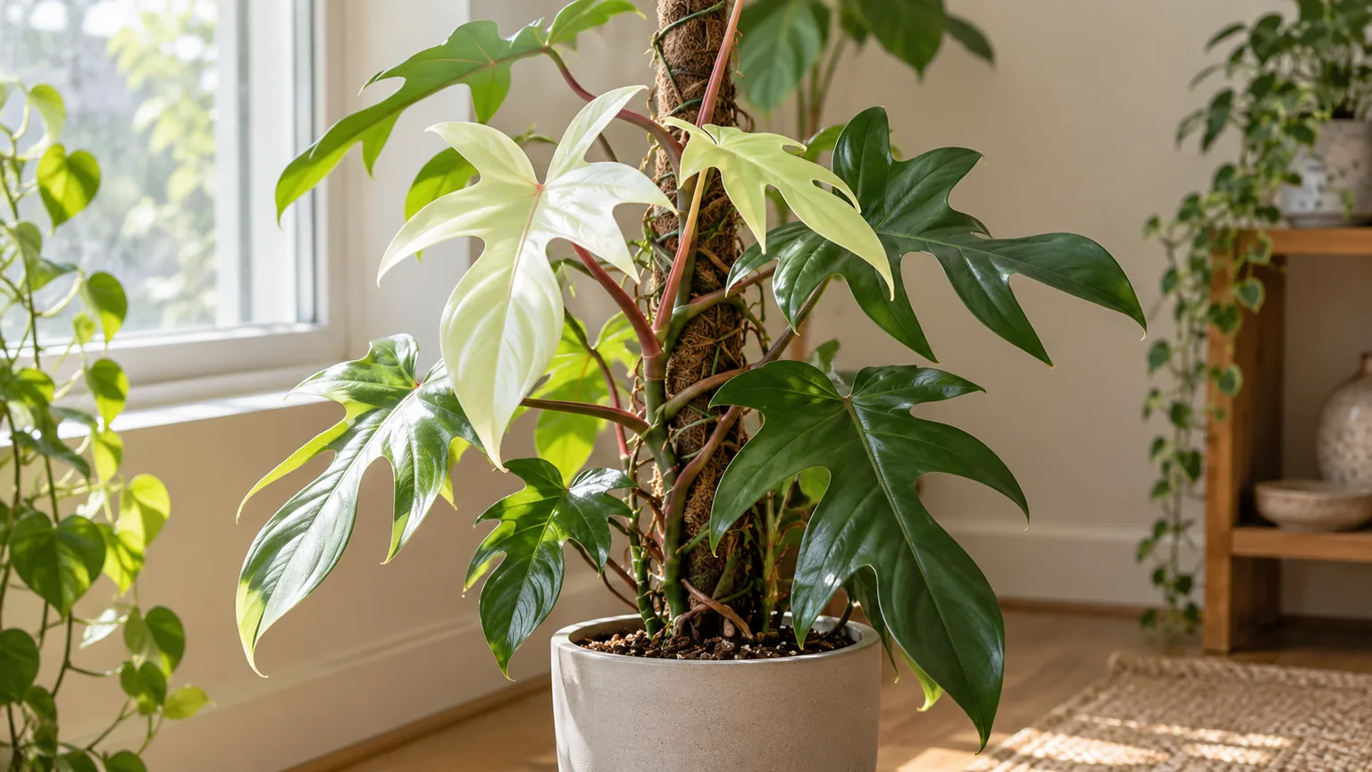Healthy Philodendron Florida Ghost with pale new leaves and mature green leaves climbing a moss pole indoors
