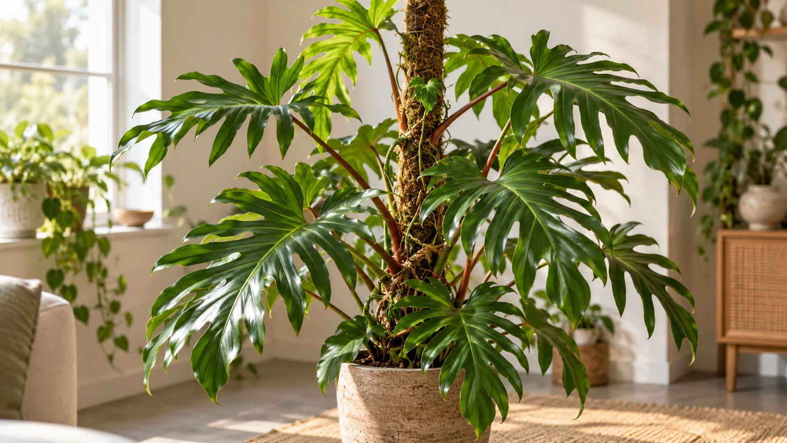 Healthy Philodendron Mayoi with deeply lobed green leaves climbing a moss pole indoors