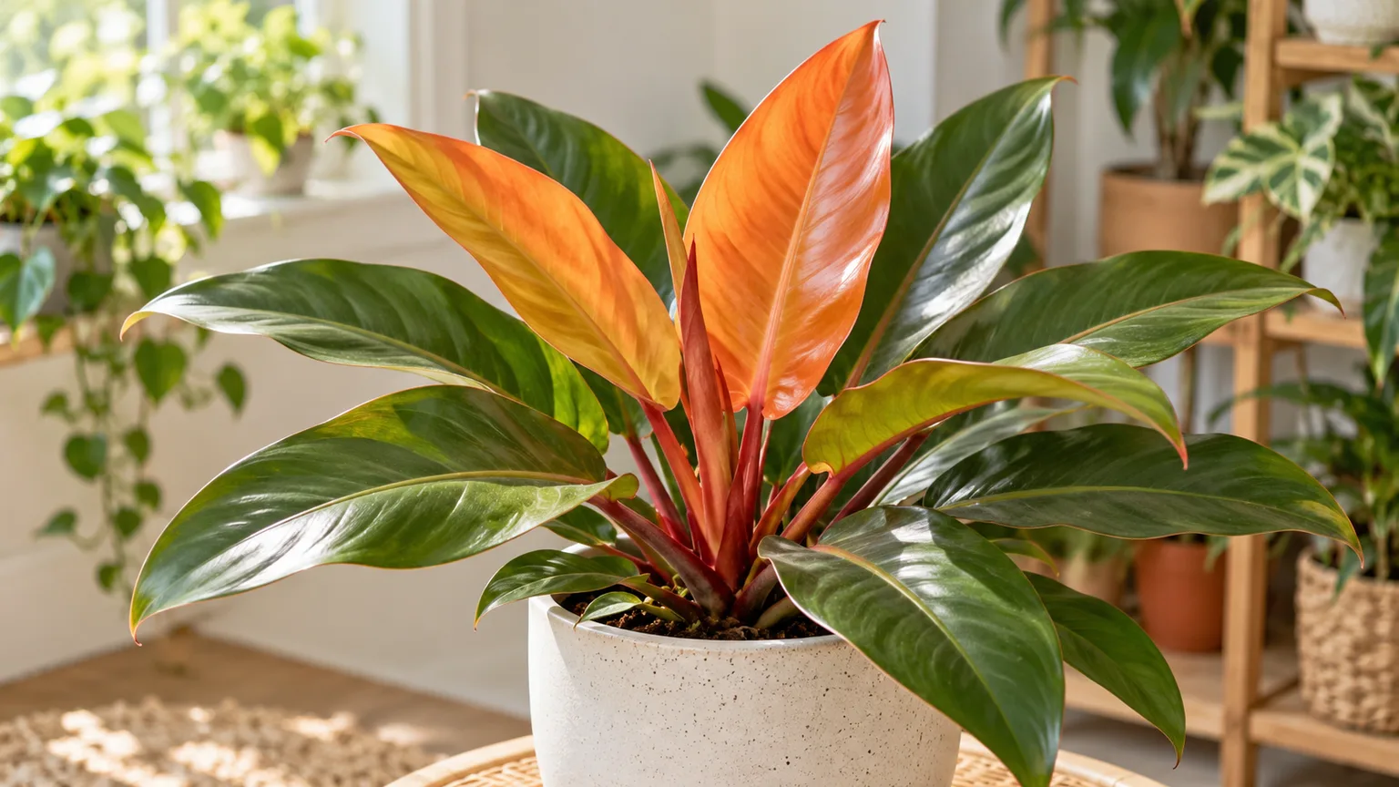 Philodendron ‘Prince of Orange’ rosette with orange new leaves and mature green foliage