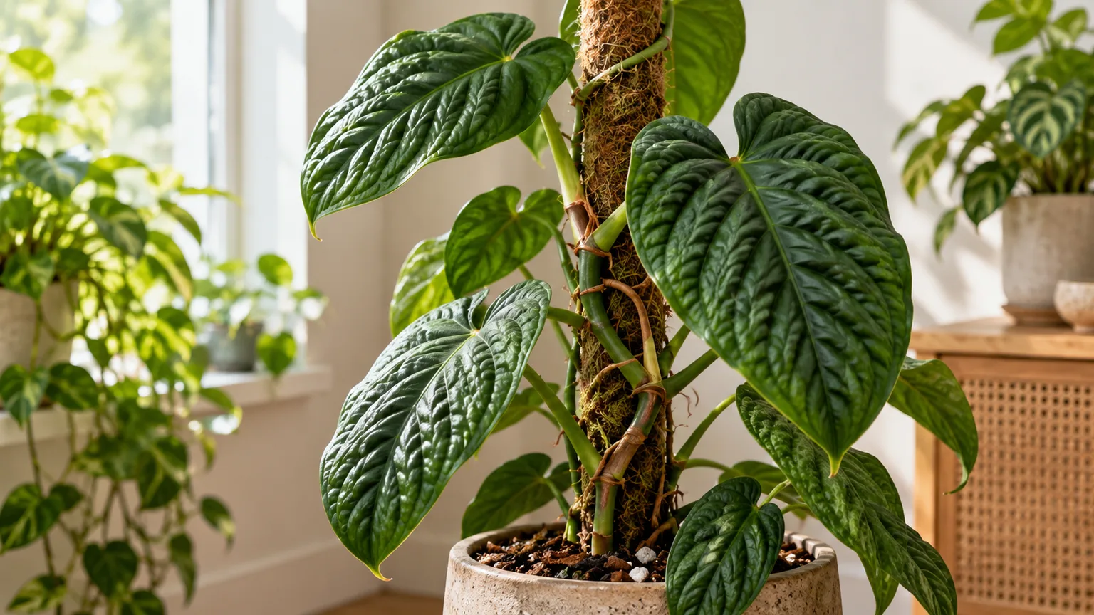 Healthy climbing Philodendron rugosum with deeply corrugated green leaves on a moss pole
