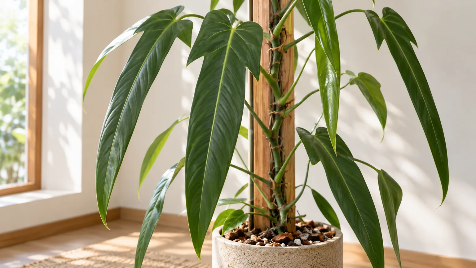 Healthy Philodendron spiritus-sancti with long narrow leaves climbing a wooden support indoors